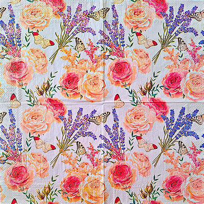 Guardanapo para Decoupage 33x33 Rosas Lavandas Borboletas