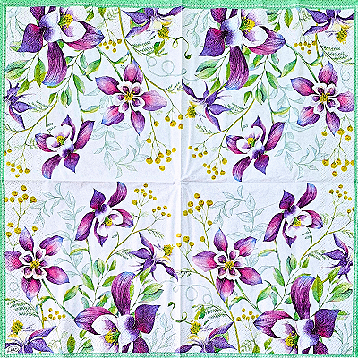 Guardanapo para Decoupage 33x33 Flores Lilás com Borda Verde