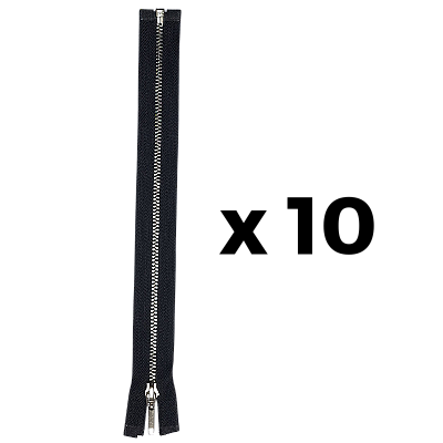Zíper Preto de Metal com Cursor N°5 Separável 25cm Prata 10 Peças
