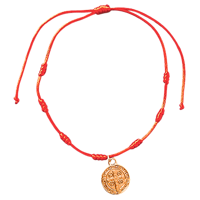 Pulseira 7 Nós Ajustável Vermelha com Medalha de São Bento Dourada
