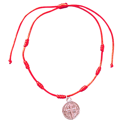 Pulseira 7 Nós Ajustável Vermelha com Medalha de São Bento Prata