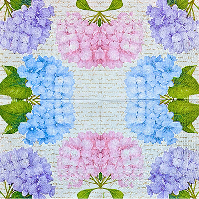 Guardanapo para Decoupage 33x33 Hortênsias Fundo em Escrita