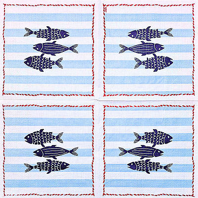 Guardanapo para Decoupage 33x33 Peixes e Listras Azul e Branco