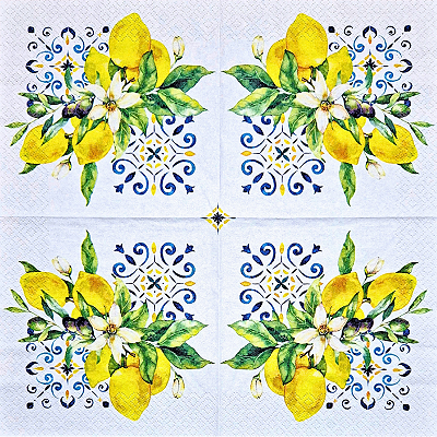 Guardanapo para Decoupage 33x33 Limões Sicilianos Olivas e Azulejo
