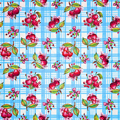 Guardanapo para Decoupage 33x33 Cerejas Fundo Xadrez Azul e Branco
