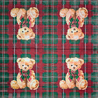 Guardanapo para Decoupage 33x33 Ursinho Fundo Tartan Verde e Vermelho