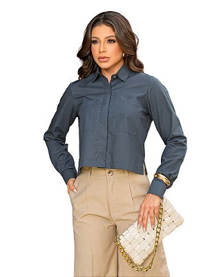 Camisa Cropped Manga Longa Iza Azul Petróleo