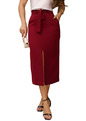Saia Midi Bianca com Fenda Frontal Vinho
