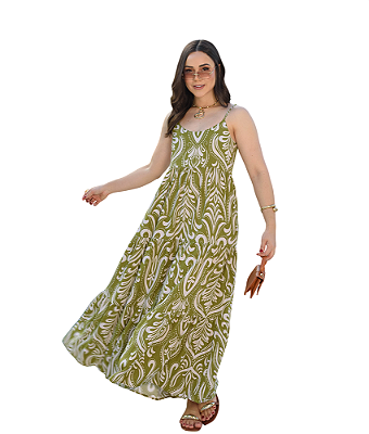 Vestido Longo Feminino Serena Viscose 100% Estampado Costas Abertas 3 Marias