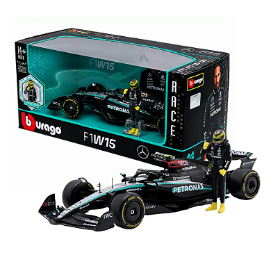 Miniatura Bburago Mercedes W15 C/ Boneco Lewis Hamilton 1/24