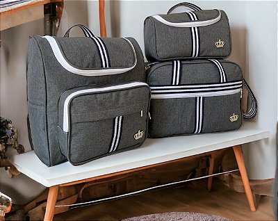 Kit Classic Cinza com Azul - Kit Bolsa Maternidade 3 peças