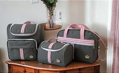 Kit Classic Cinza com Rosa - Kit Bolsa Maternidade 3 peças