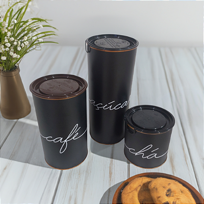 Conjunto  três latas metálicas Café,  Chá e Açúcar Preto