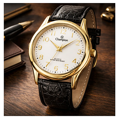 Relógio Champion Dourado Unidex Pulseira De Couro Cn20015b