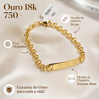 Pulseira Chapinha Infantil Bebê Ouro 18k 14cm Gravação + Nf