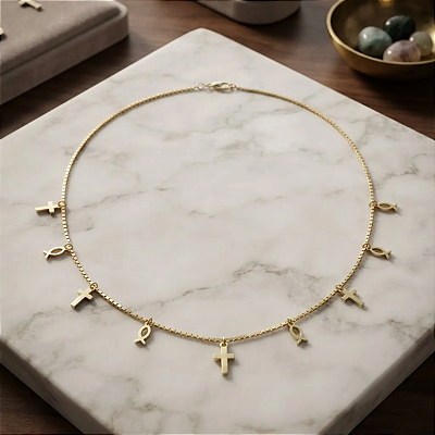 Colar Gargantilha Choker Penduricário Religioso Fé Proteção