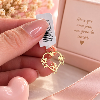 Pingente Filhos Coração 2 Meninas E 1 Menino Ouro 18k 0.4gr