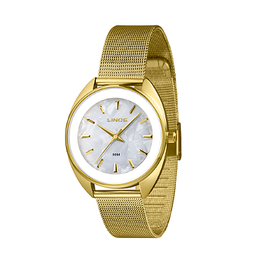 Relógio Feminino Madripérola Branco Pulseira Dourado Lince
