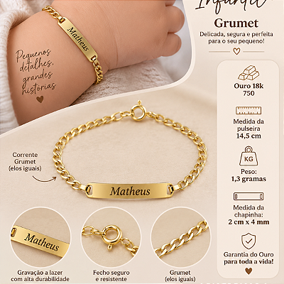 Pulseira Bebê Chapinha Infantil Ouro 14,5cm 1.3gr Unisex + Gravação