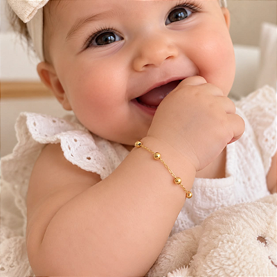 Pulseira Bolinha Bebê Infantil Ouro18k 14,5cm Promoção Linda