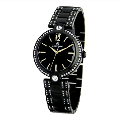 Relógio Champion Feminino Preto Strass Abaulado Cf25045p