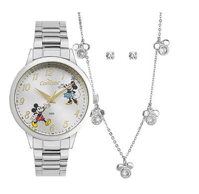 Kit Relogio Adolescente Condor Disney Mickey Minnie Prateado