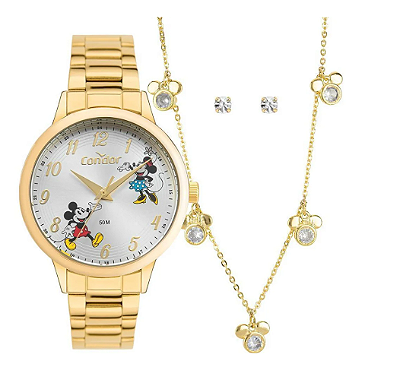 Kit Relogio Adolescente Condor Disney Mickey Minnie Dourado