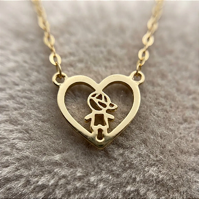 Colar Gargantilha Ouro 18k Filho Pingente Menino Coração 42cm