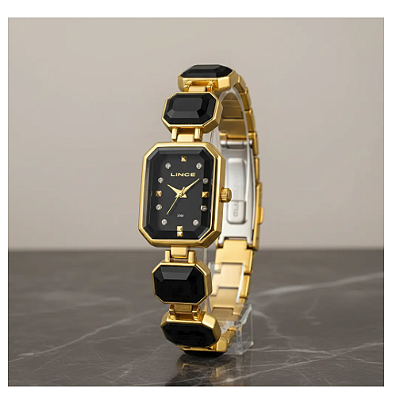 Relogio Lince Dourado Grace Pedras Pretas Luxo Lqg4870l23