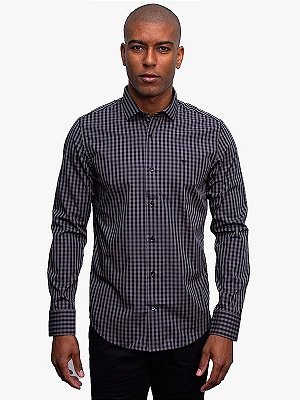 Camisa Manga Longa Slim Micro Xadrez Preto Ville de France