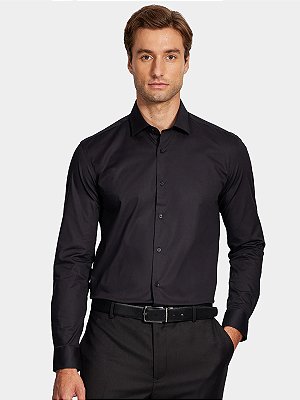 Camisa Aramis Manga Longa Slim em Tricoline Stretch Liso Preto
