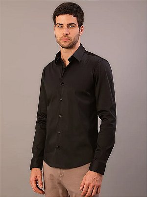 Camisa Calvin Klein Manga Longa Slim Básica Preto