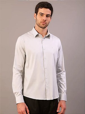 Camisa Calvin Klein Manga Longa Slim Básica Cinza Claro