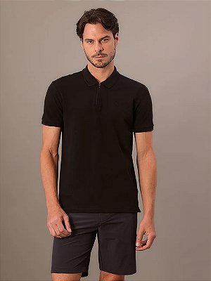 Polo Calvin Klein Manga Curta Masculino Slim Meio Zíper Preto