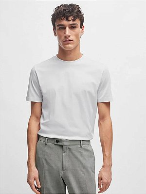 Camiseta Boss Regular Fit em Jersey de Algodão com Logo Thompson Branco