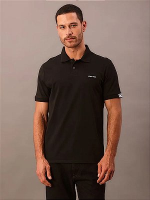 Polo Masculina Calvin Klein Manga Curta Logo Silver Jersey Preto