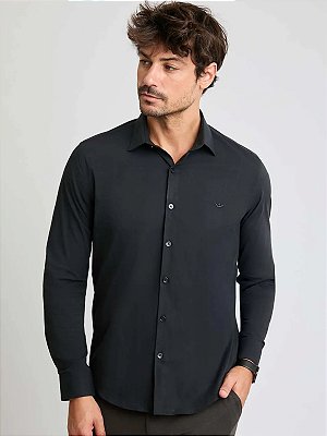 Camisa Docthos Manga Longa Relaxed Fit Tricoline com Elastano Preto