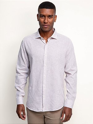 Camisa Manga Longa Ville de France Linho Listrada Khaki