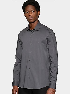 Camisa Aramis Manga Longa Slim em Tricoline Stretch Liso Grafite