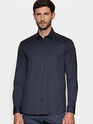 Camisa Aramis Manga Longa Slim em Tricoline Stretch Liso Marinho Escuro