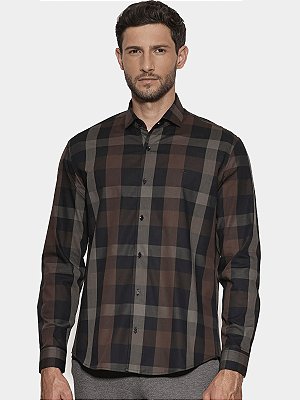 Camisa Aramis Manga Longa Regular Maxi Xadrez Café Com Preto