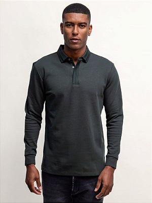 Polo Manga Longa Ville de France Hidden Placket Verde
