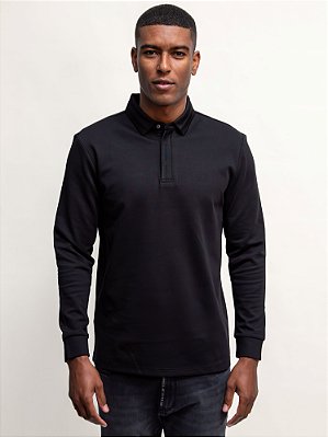 Polo Manga Longa Ville de France Hidden Placket Preto