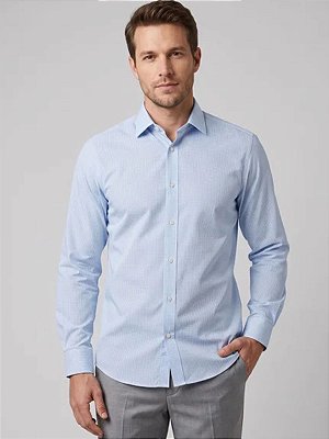 Camisa Aramis Manga Longa Regular Mini Xadrez Azul Claro