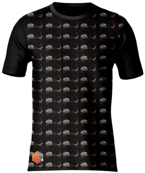 Camiseta com estampa surrealista ladrilhada, por sublimação total, em micro-fibra, tecido tecnológico.