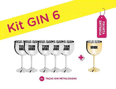 Kit 6 Taças Gin Metalizadas Bride Dourada/Team Bride Prateada
