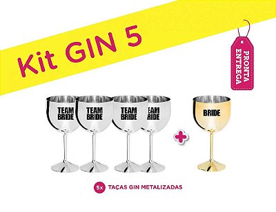 Kit 5 Taças Gin Metalizadas Bride Dourada/Team Bride Prateada
