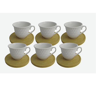 Conjunto 6 Xícaras de Café porcelana com Pires de Bambu