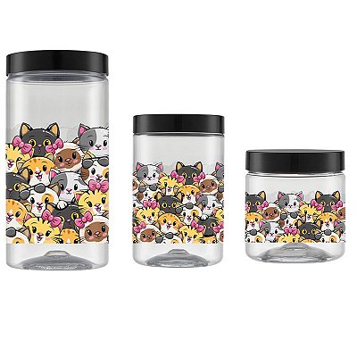 Conjunto de 03 Potes de Plástico Gatinhos Mix