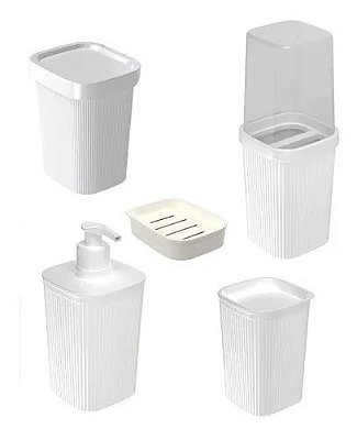 Kit Banheiro 5 Peças de Plástico Branco Frisos